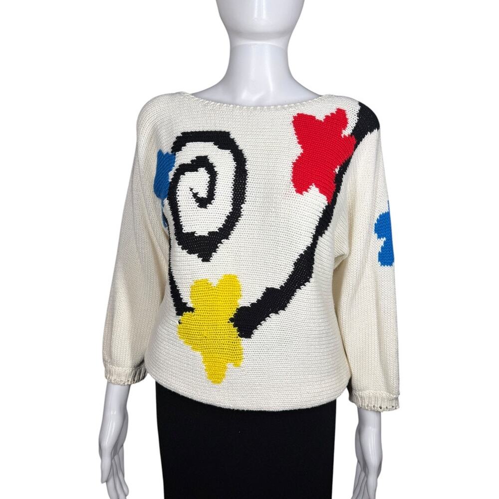 Jimmy Garcia Vintage 80s Abstract Knit Sweater White Blue Yellow Red Sm / Med